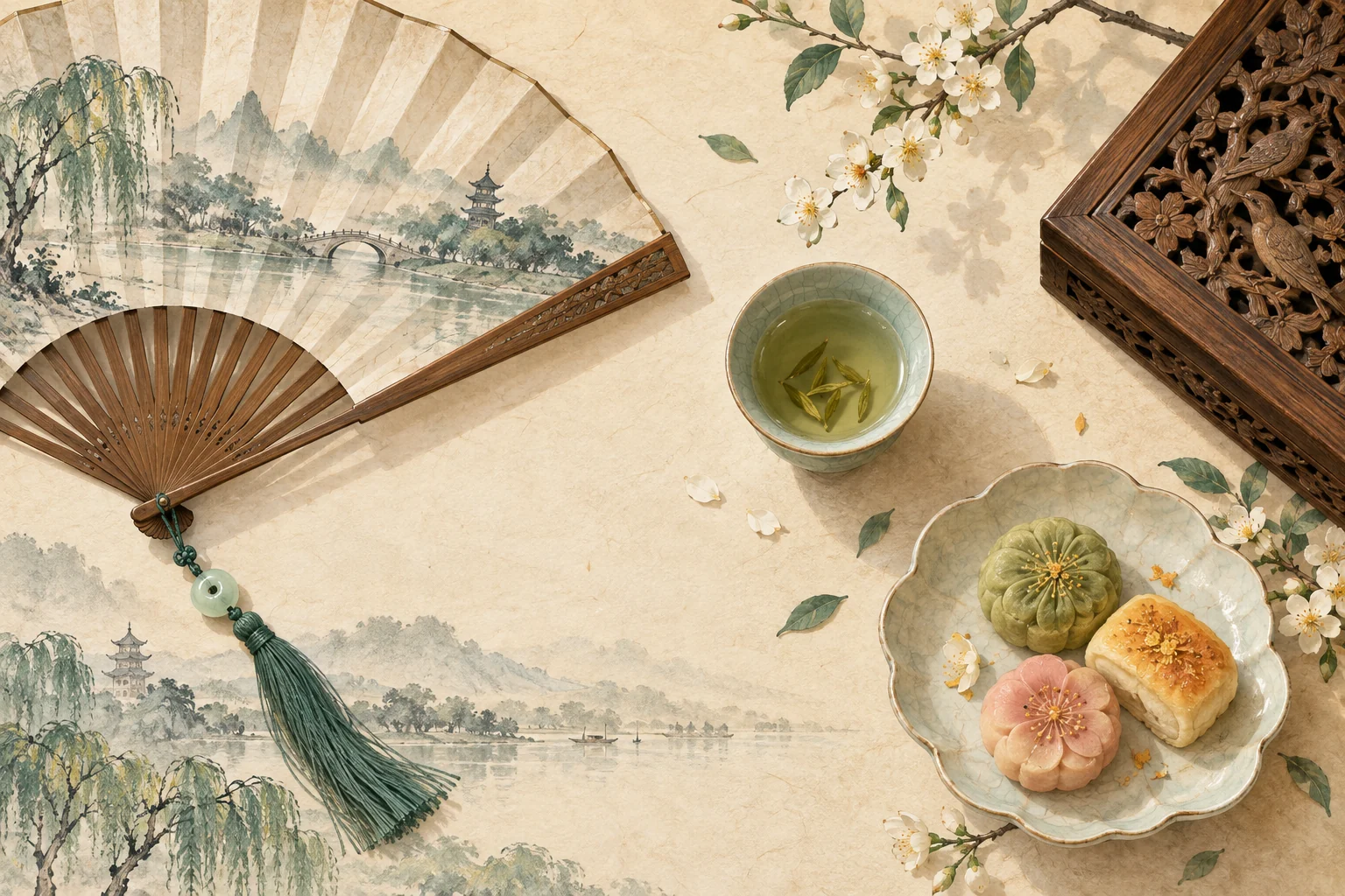 杭州文化意境插画：折扇、青瓷茶盏、糕点与木雕